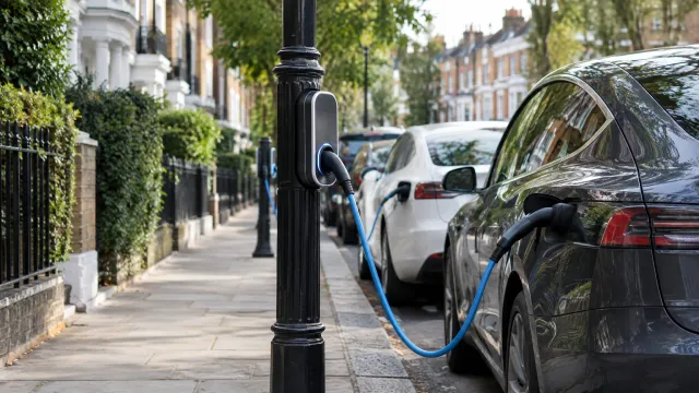 A row of lamppost-mounted EV charge points along a residential London street, with charging cables running from the posts to parked cars at the kerb. AI-generated illustration.