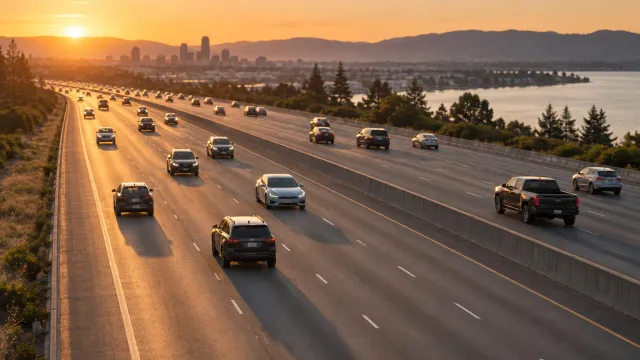 Highway traffic at sunset with generic cars, SUVs and pickup trucks. AI-generated illustration.