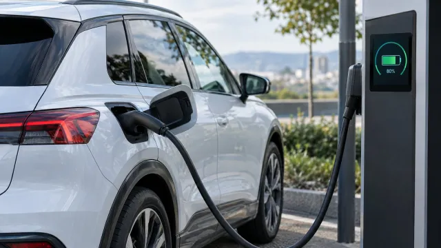 A white Audi Q4 e-tron compact electric SUV plugged into a public DC charger, with the car's charging screen showing an 80 percent state of charge. AI-generated illustration.