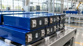 Gestapelte prismatische Batteriezellen in einer hellen Fabrikhalle, beleuchtet durch Tageslicht. KI-generierte Illustration.