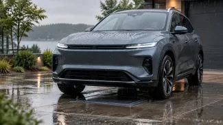 Elektro-SUV steht über einer im Boden eingelassenen Induktions-Ladeplatte auf nasser Einfahrt. KI-generierte Illustration.